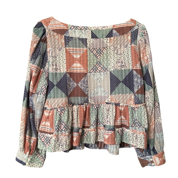 American Eagle Pink Multicolor Patchwork Peplum Babydoll Top Womens Large - Picture 6 of 6